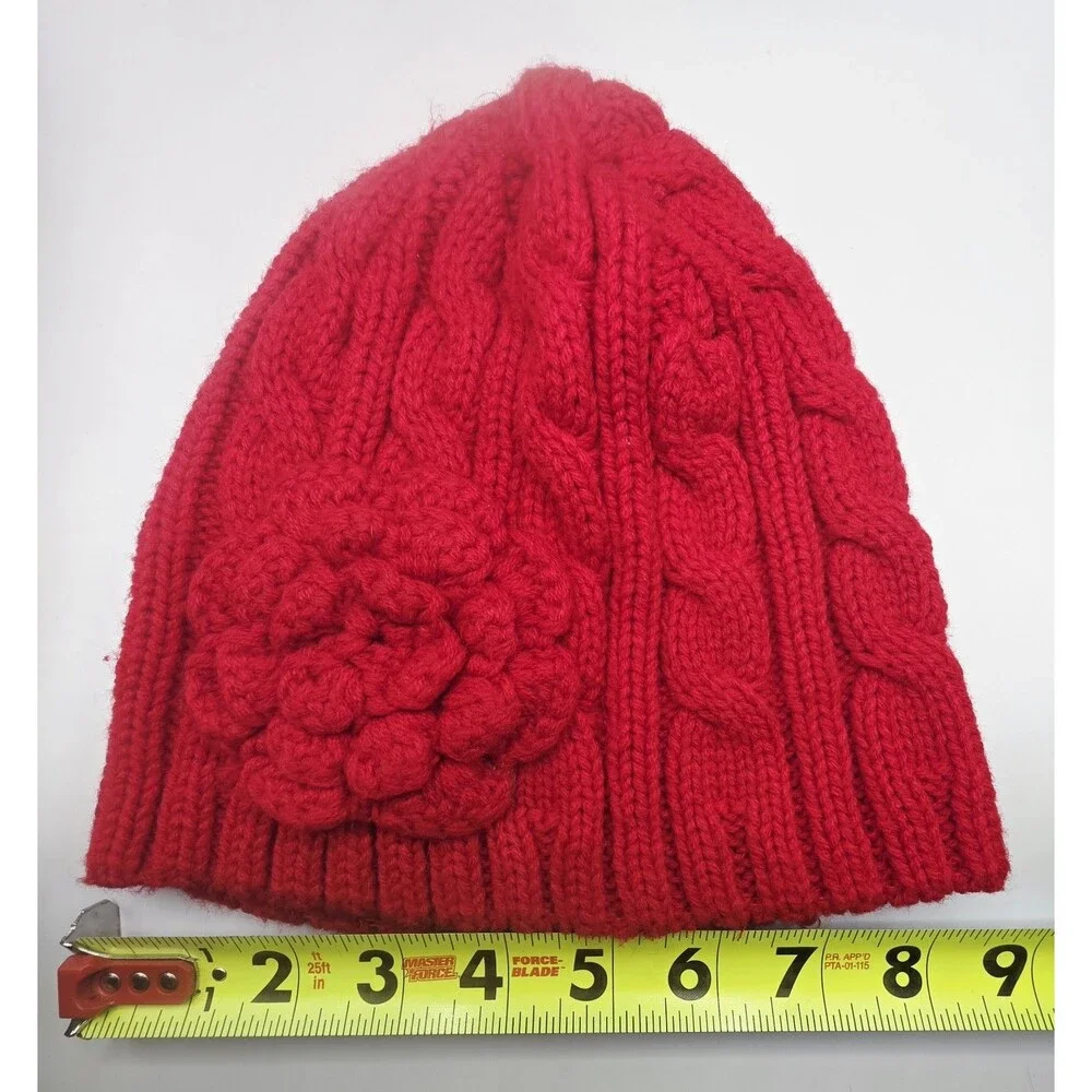 Girls Red Knit Beanie Hat with Flower Accent | Winter Warm Cap | One Size